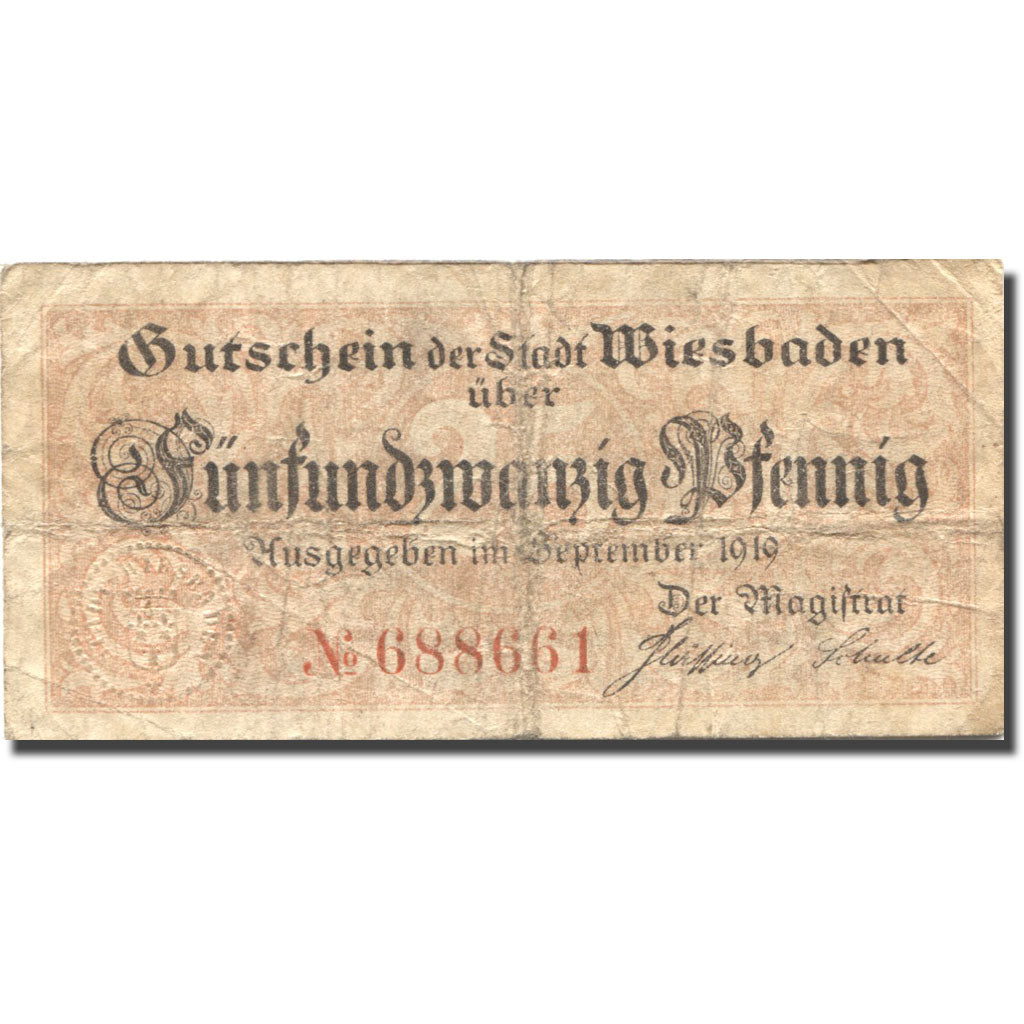 Banknote, Germany, Wiesbaden, 25 Pfennig, Blason, 1919, VF(20-25), Mehl:W 41.7a