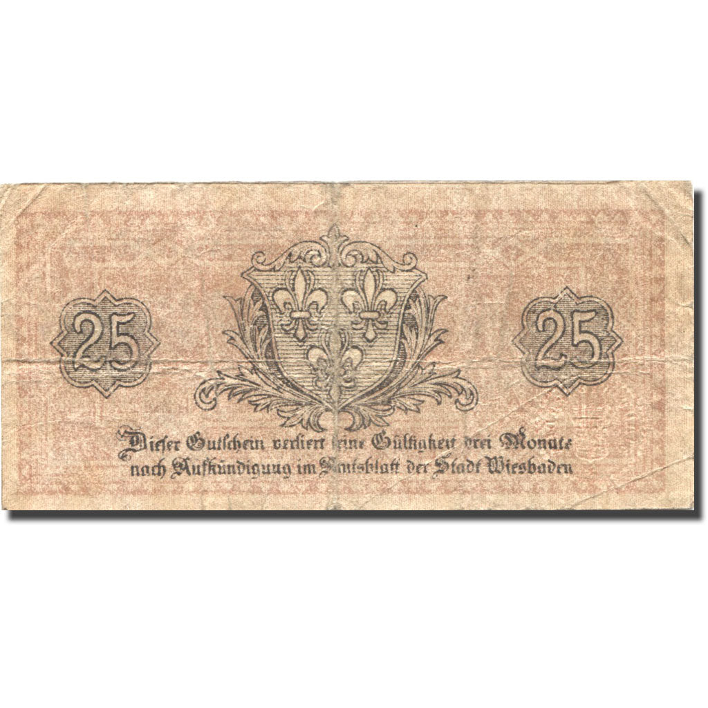 Banknote, Germany, Wiesbaden, 25 Pfennig, Blason, 1919, VF(20-25), Mehl:W 41.7a