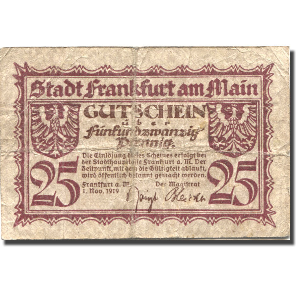 Banknote, Germany, Frankfurt, 25 Pfennig, pont, 1919 VF(20-25) Mehl:F 16.2a