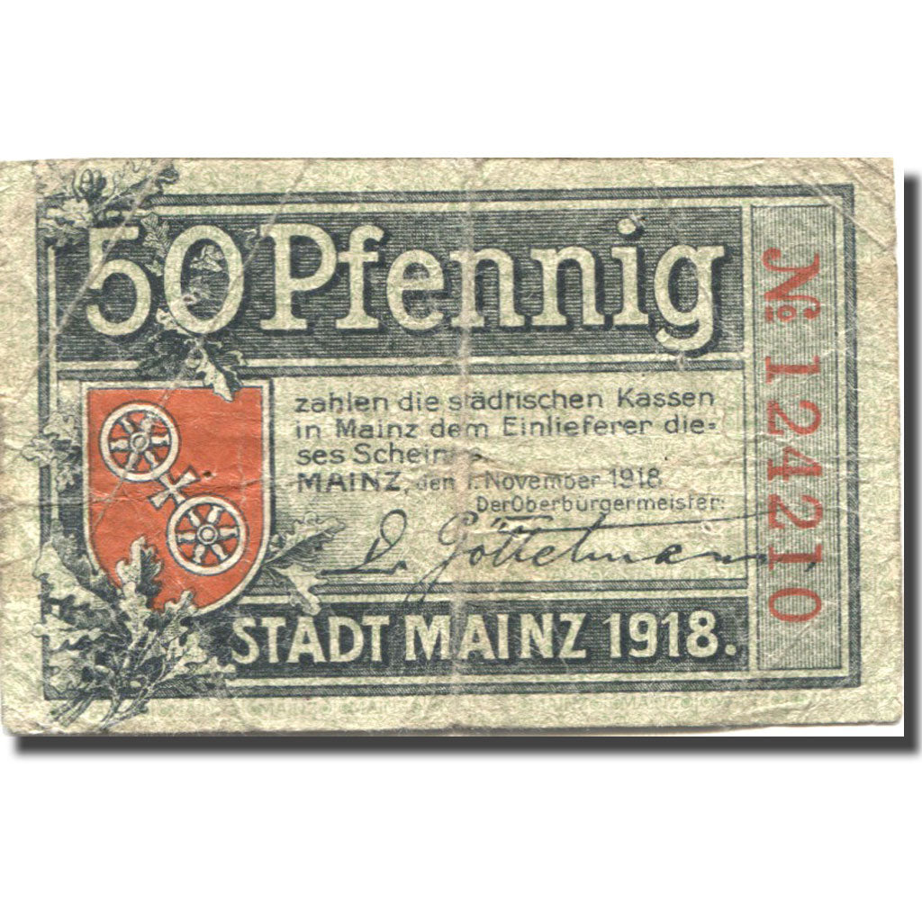 Banknote, Germany, Mainz, 50 Pfennig, Eglise, 1918 VF(20-25) Mehl:M 4.2