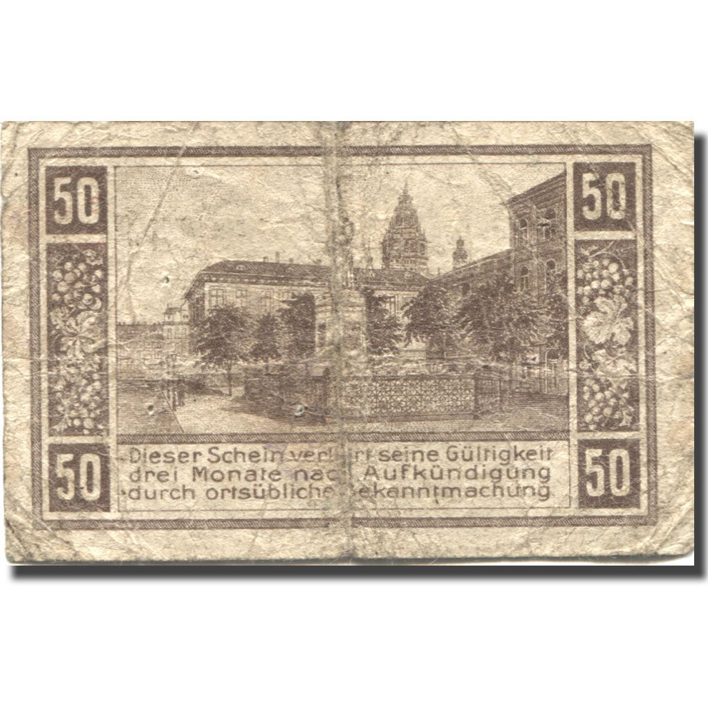Banknote, Germany, Mainz, 50 Pfennig, Eglise, 1918 VF(20-25) Mehl:M 4.2