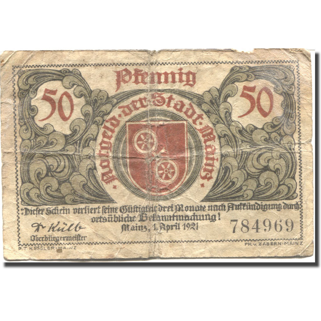 Banknote, Germany, Mainz, 50 Pfennig, aigle, 1921 VF(20-25) Mehl:860.2a