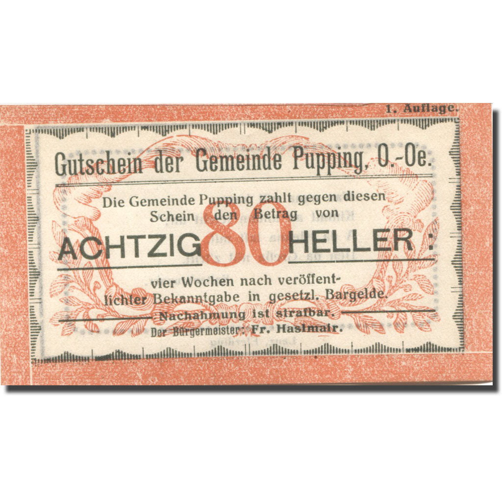 Banknote, Austria, Pupping, 80 Heller, valeur faciale, UNC(63), Mehl:FS 792Ia
