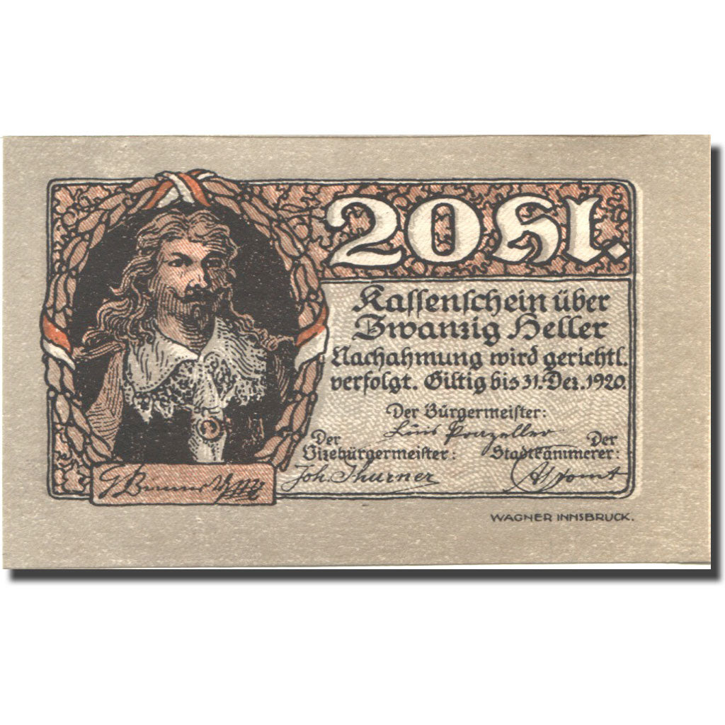 Banknote, Austria, Rattenberg, 20 Heller, personnage, 1920 UNC(63) Mehl:FS 821I