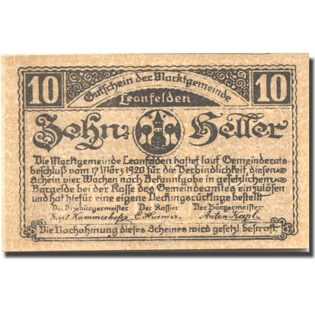 Banknote, Austria, Leonfelden, 10 Heller, rue, 1920 UNC(63) Mehl:FS 514