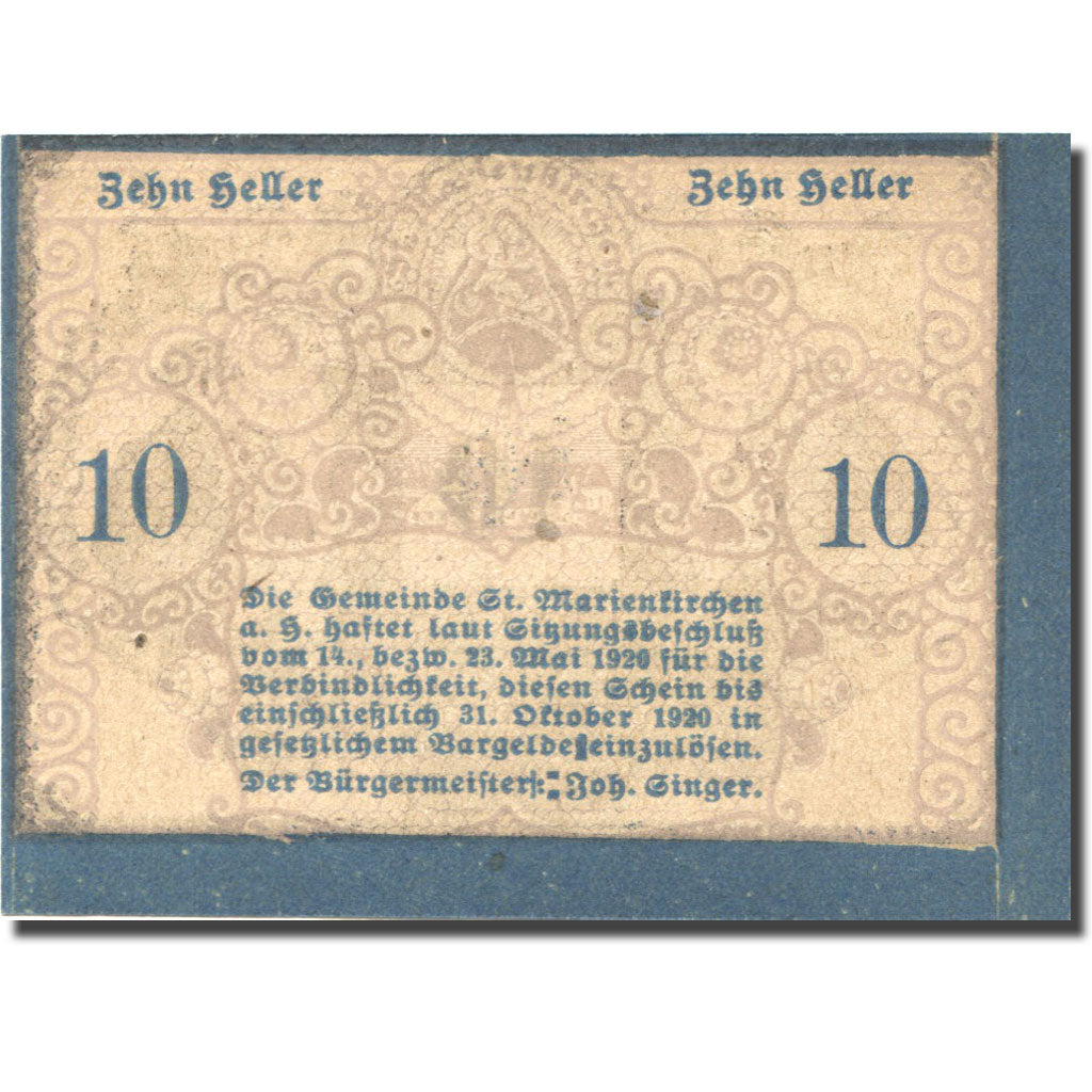 Banknote, Austria, Marienkirchen, 10 Heller, personnage, 1921 UNC(63) Mehl:FS908