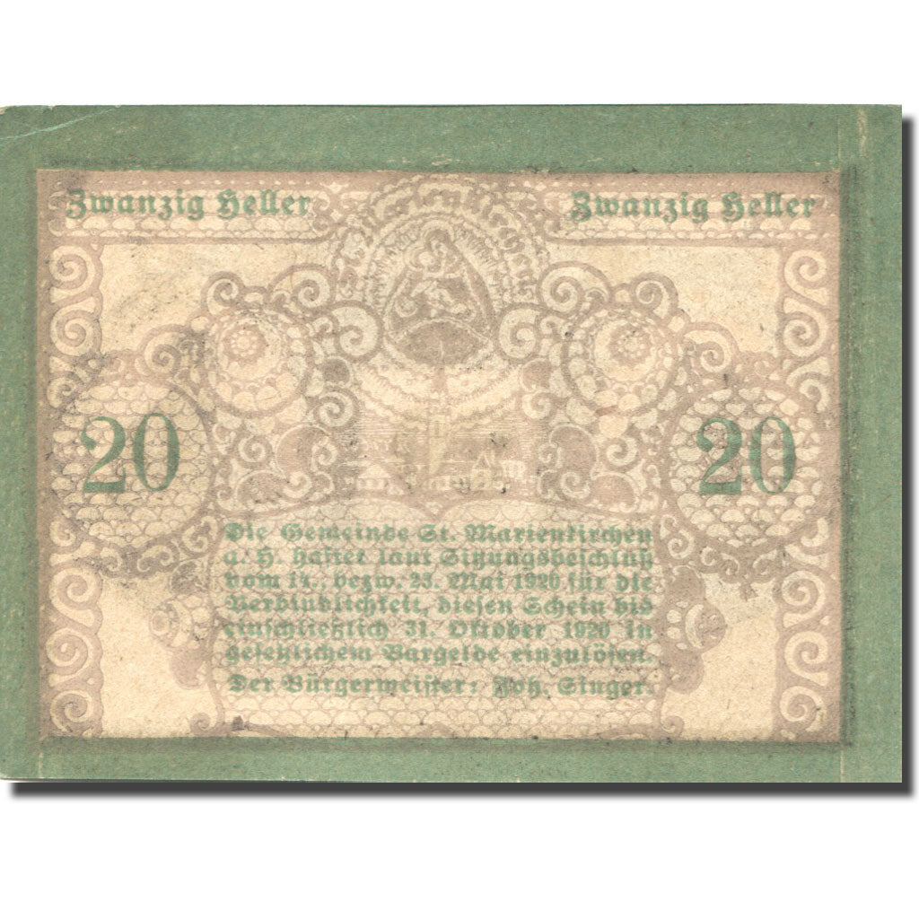 Banconote, Austria, Marienkirchen, 20 Heller, personnage 1, 1921 SPL Mehl:FS 908