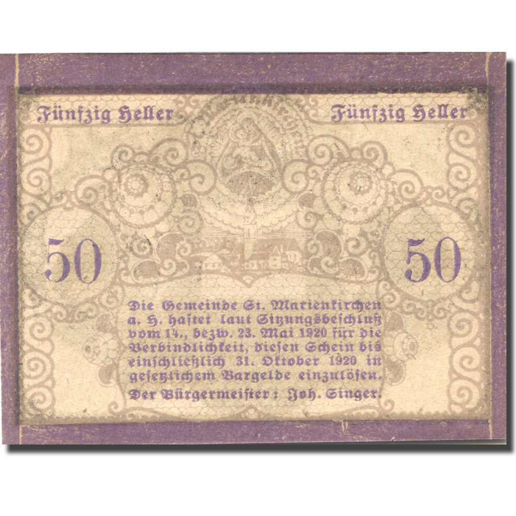 Banknote Austria Marienkirchen 50 Heller, personnage 2, 1920 UNC(63) Mehl:FS 908
