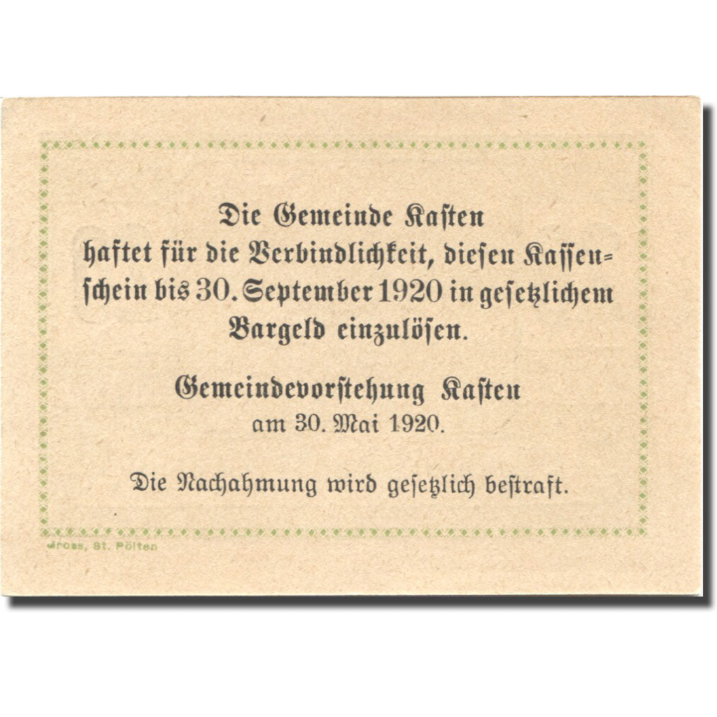 Banknote, Austria, Kasten, 20 Heller, village, 1920 UNC(63) Mehl:FS 428c