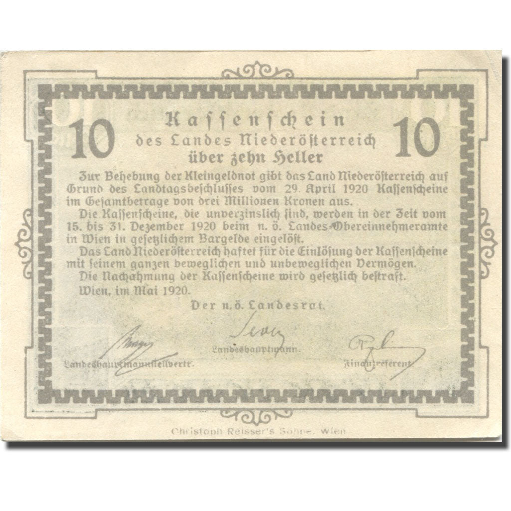 Banknote, Austria, Niederösterreich, 10 Heller, train, 1920 UNC(63) Mehl:FS 671I