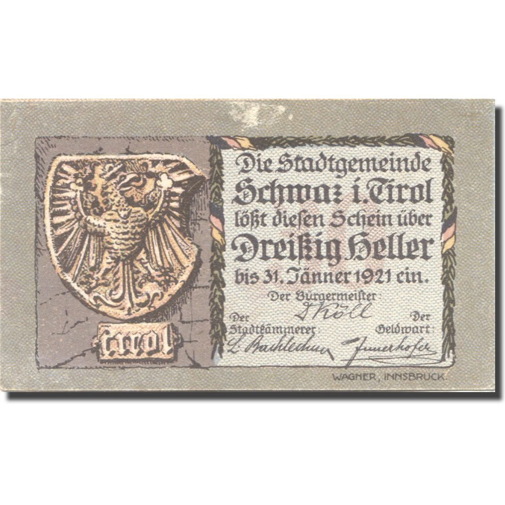 Banknote, Austria, Schwaz, 30 Heller, Blason, 1921 AU(55-58) Mehl:FS 983a