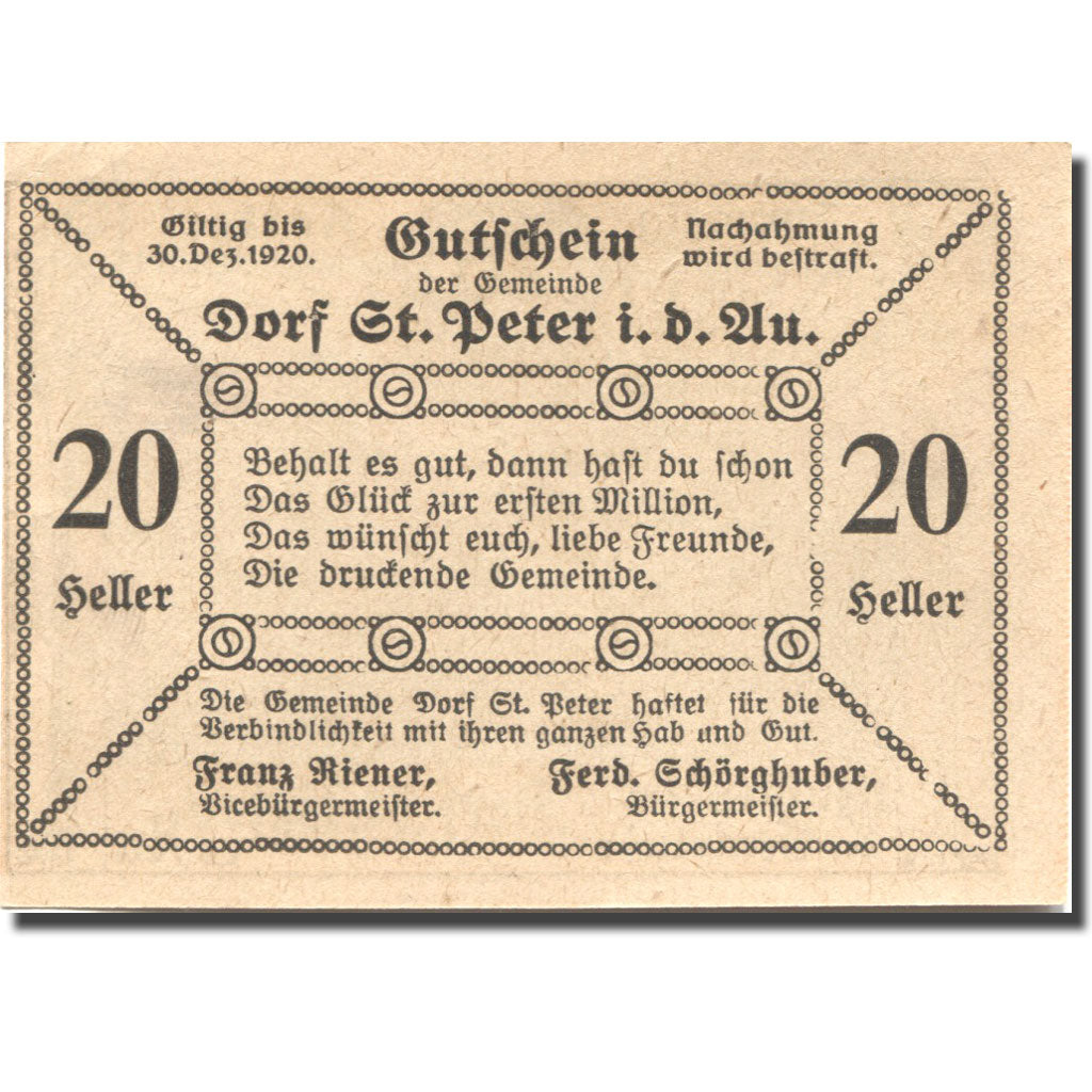 Banknote, Austria, St Peter in der Au, 20 Heller 1920 UNC(63) Mehl:FS 923Ac