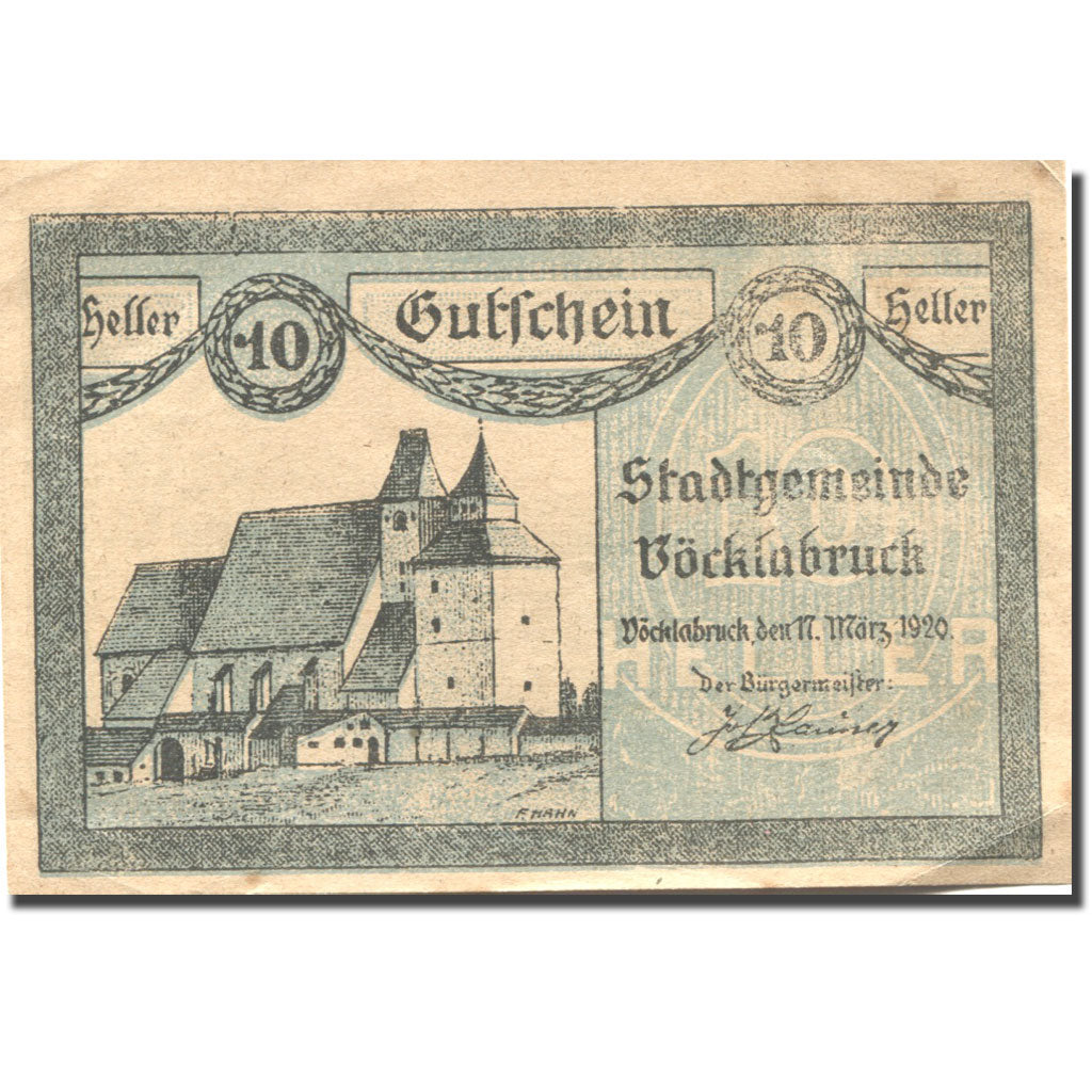 Banknote, Austria, Vöcklabruck, 10 Heller, Eglise, 1920 UNC(63) Mehl:FS 1116IIb