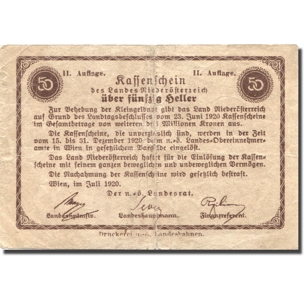 Banknote Austria Niederösterreich 50Heller, château, 1920 VF(20-25) Mehl:671IIa