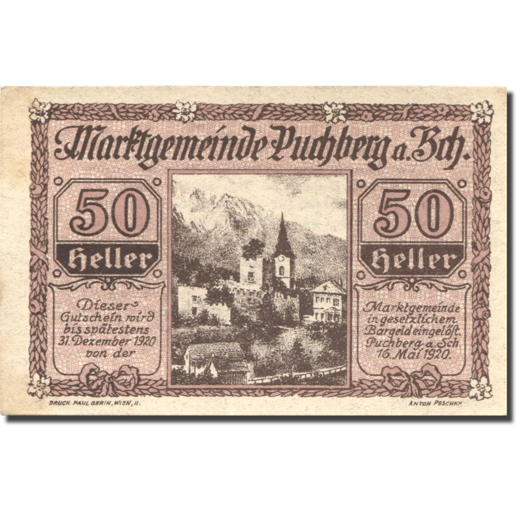 Banknote, Austria, Puchberg, 50 Heller, château, 1920 AU(55-58) Mehl:FS 786b