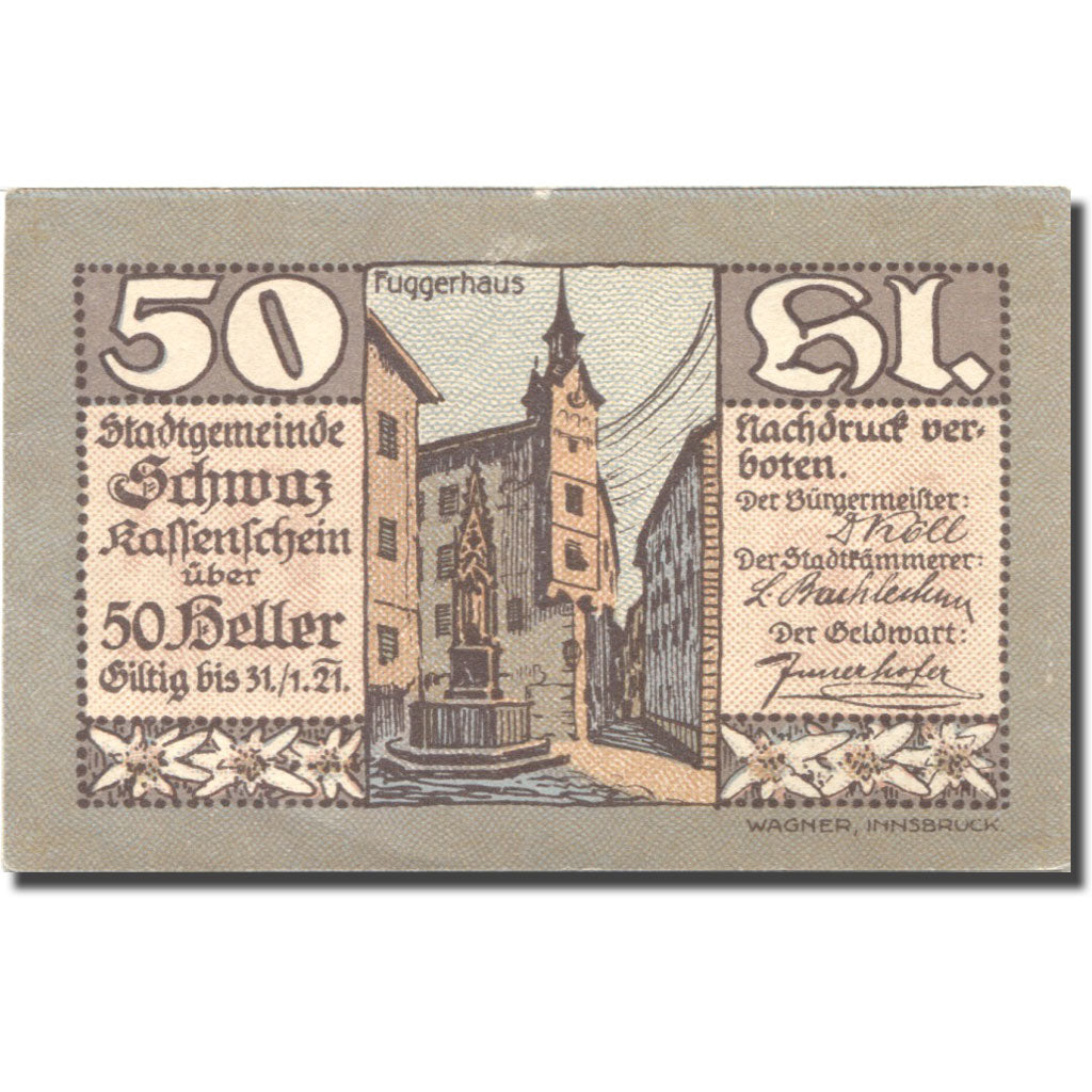 Banknote, Austria, Schwaz, 50 Heller, Monument, 1920 UNC(63) Mehl:FS 983c