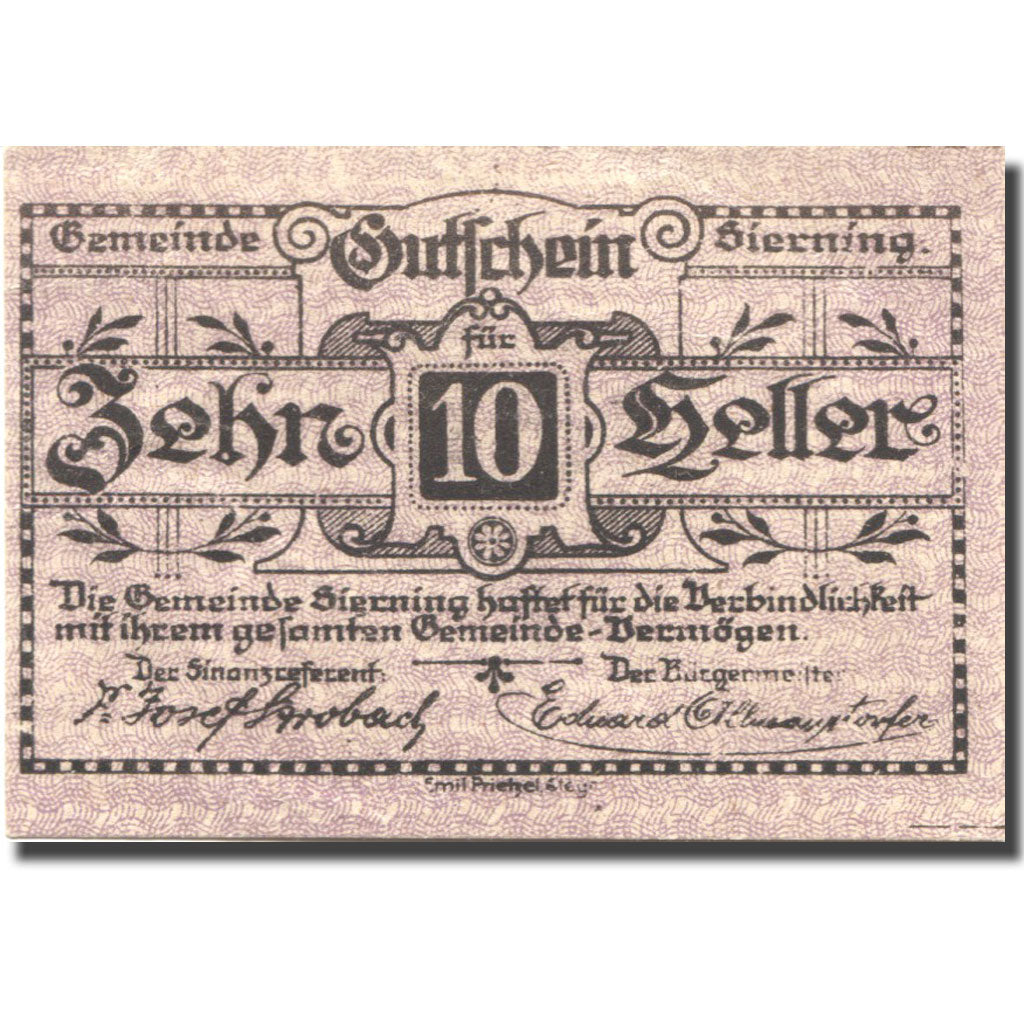 Banknote, Austria, Sierning, 10 Heller, personnage 1, 1921 UNC(63) Mehl:FS 995c