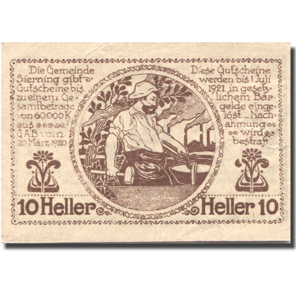 Banknote, Austria, Sierning, 10 Heller, personnage 1, 1921 UNC(63) Mehl:FS 995c