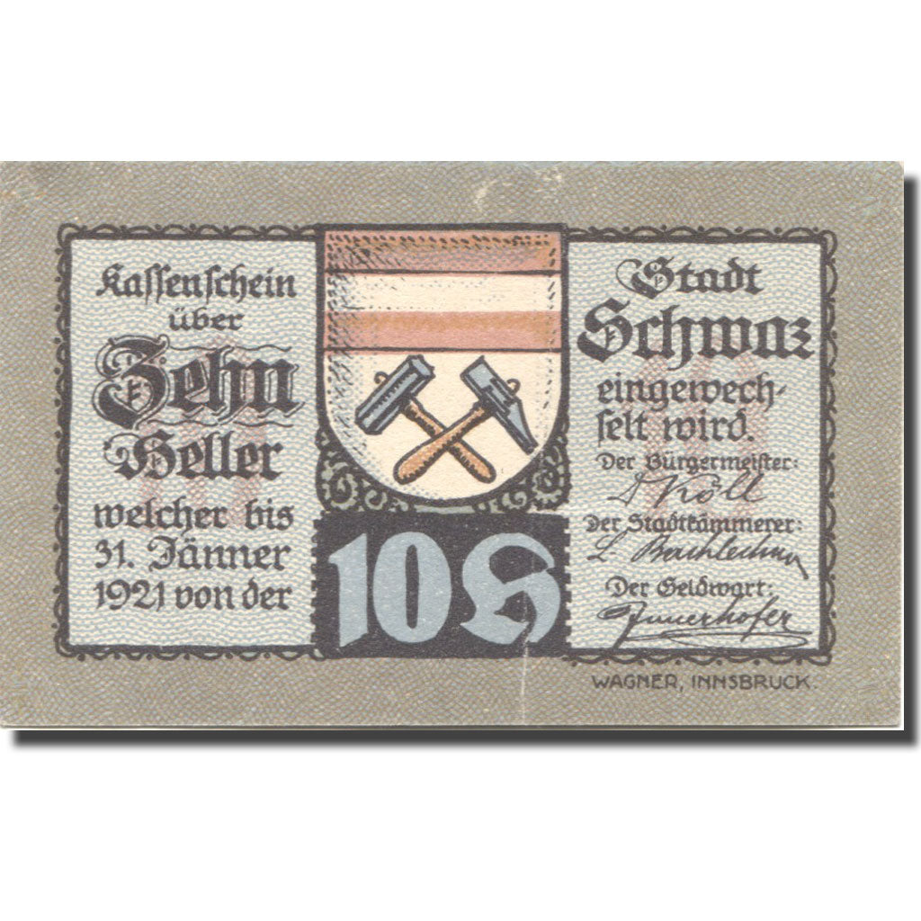 Banknote, Austria, Schwaz, 10 Heller, Blason, 1920 EF(40-45) Mehl:FS 983a