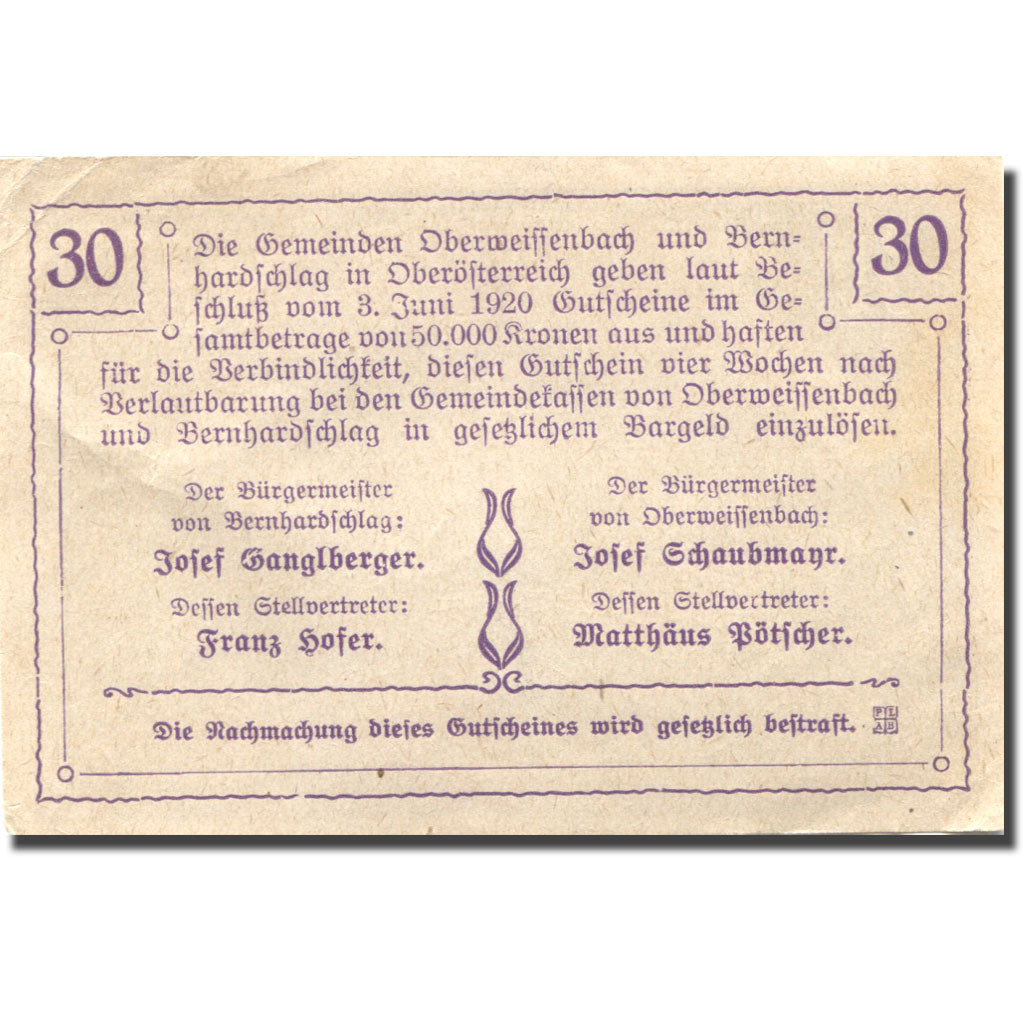 Banknote, Austria, Brunnwald, 30 Heller, château, 1920, EF(40-45), Mehl:FS 692