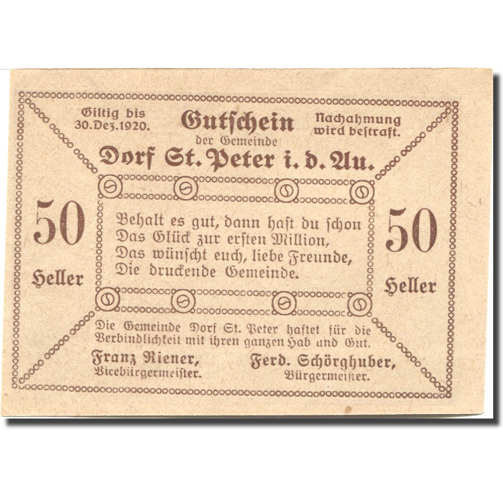 Banknote, Austria, St Peter 50 Heller, Agriculteur 1, 1920 UNC(63) Mehl:FS 923Ac