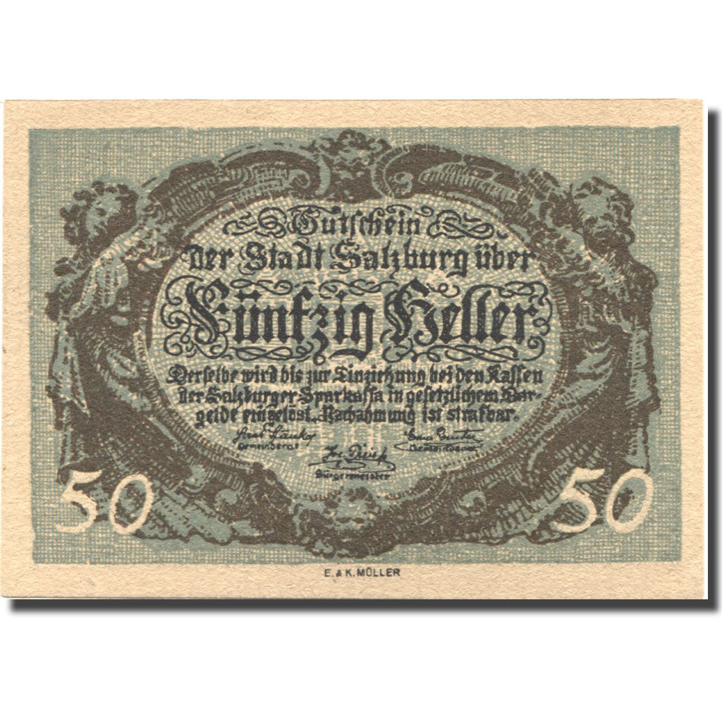 Banconote, Austria, Salzburg, 50 Heller, Monument, 1920, SPL, Mehl:FS 862a