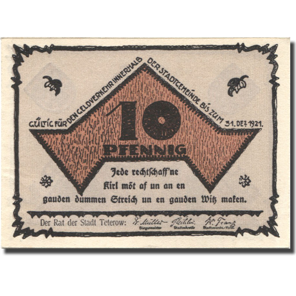 Banknote, Germany, Teterow, 10 Pfennig, rue, 1922 UNC(63) Mehl:1316.1