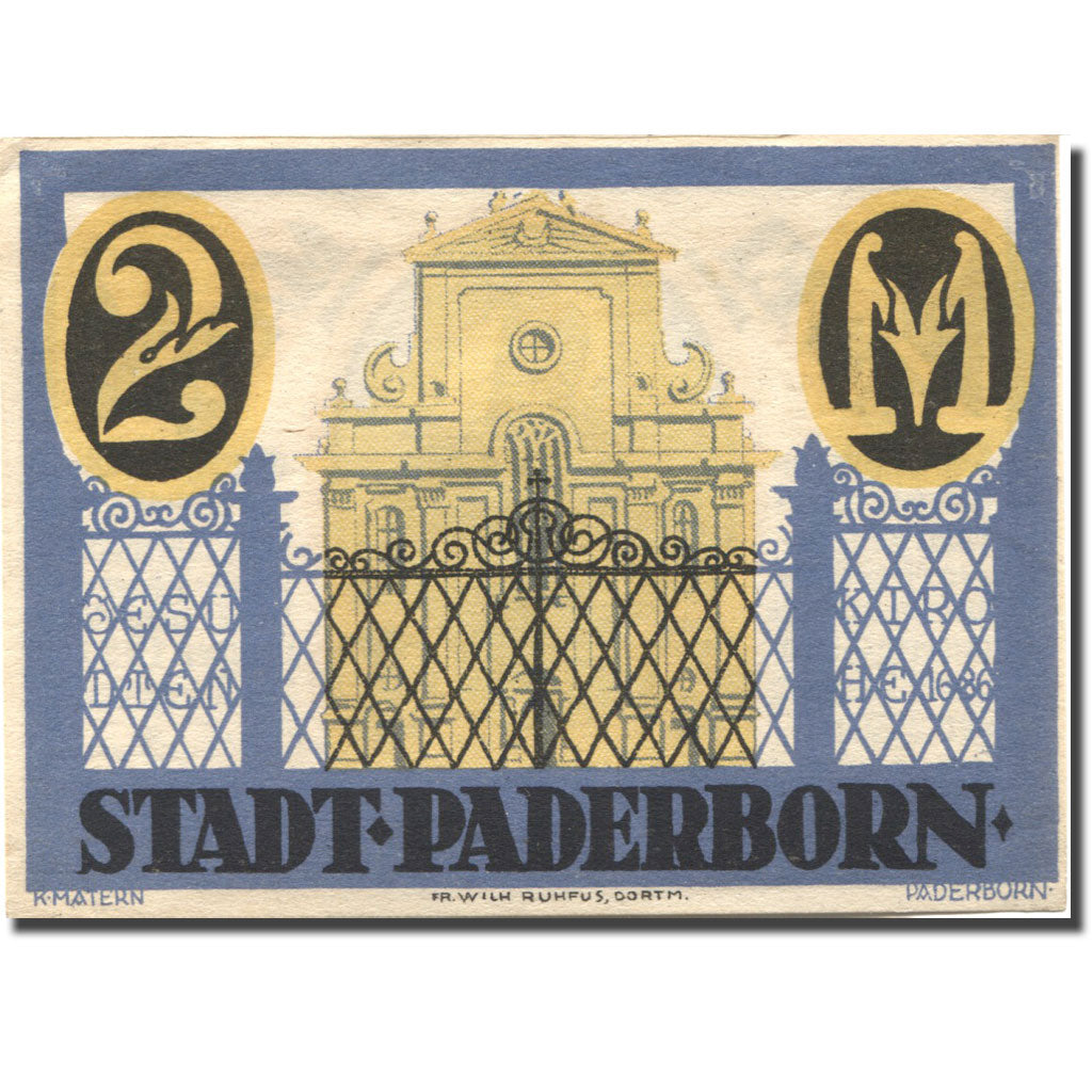 Banknote, Germany, Paderborn, 2 Mark, Eglise, 1921 UNC(63) Mehl:1043.1
