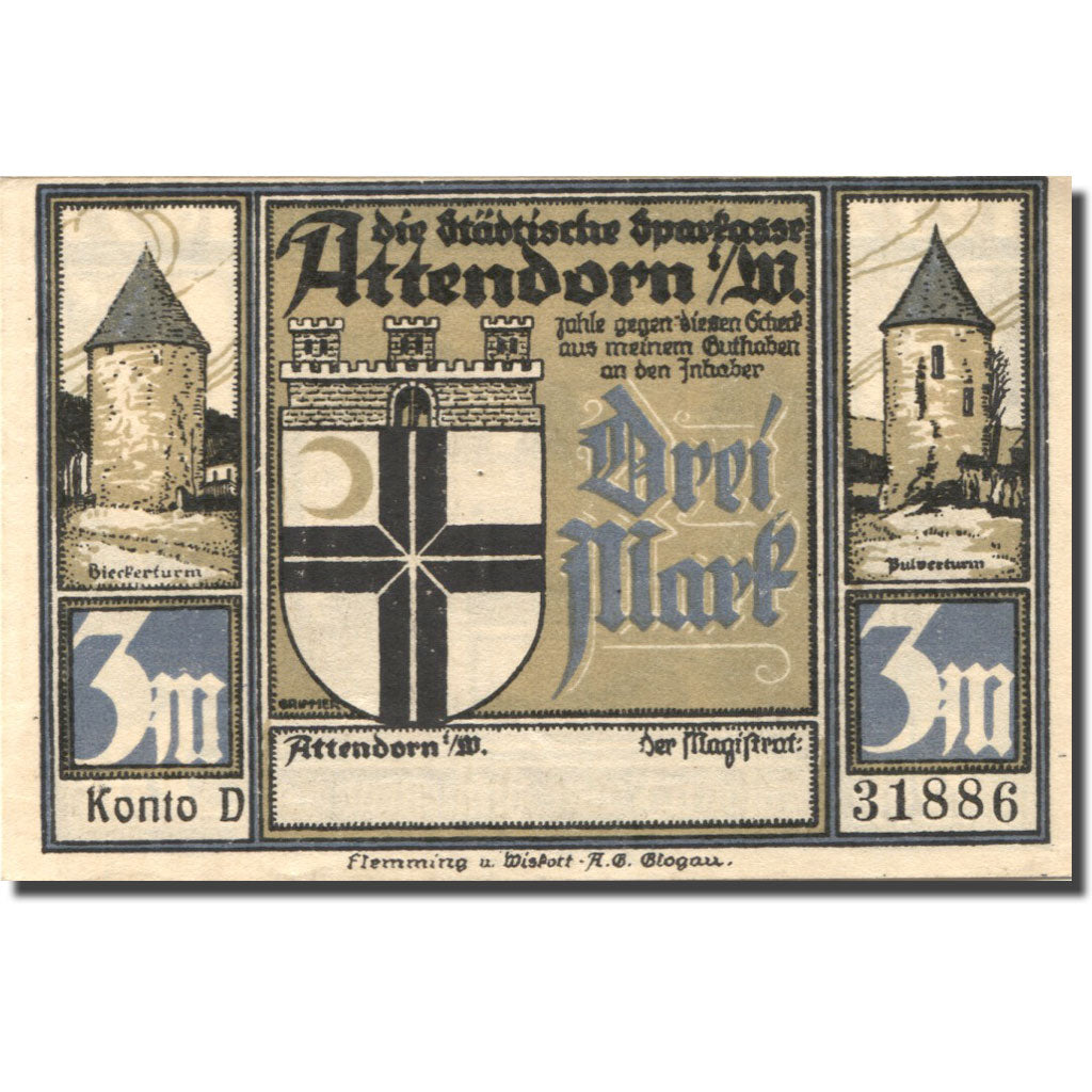 Banknote, Germany, Attendorn, 3 Mark, château, UNC(63), Mehl:51.1c