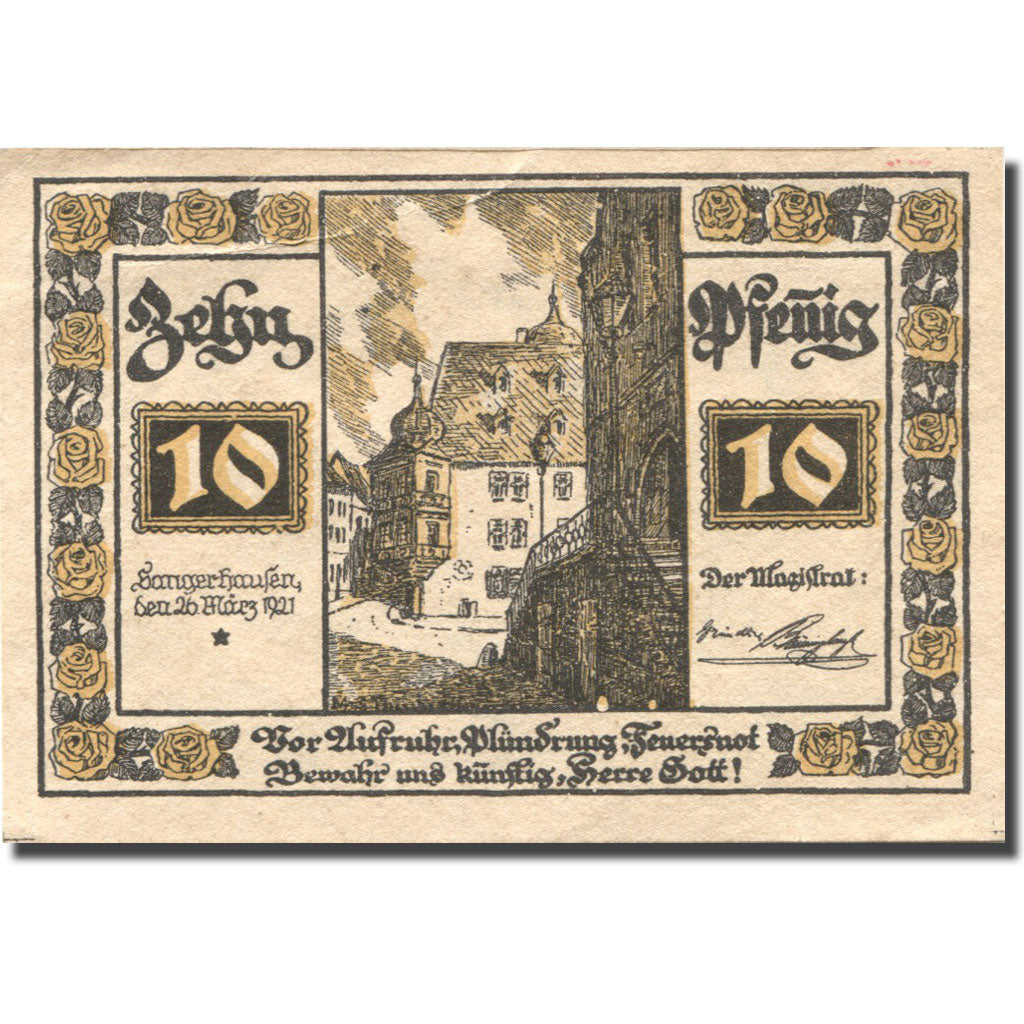 Banconote, Germania, Sangerhausen, 10 Pfennig, rue, 1921, SPL Mehl:1163.1a