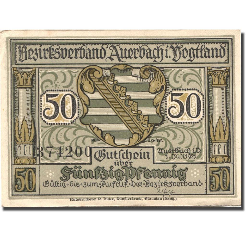 Banknote, Germany, Auerbach, 50 Pfennig, personnage, 1921 AU(55-58) Mehl:53.1a