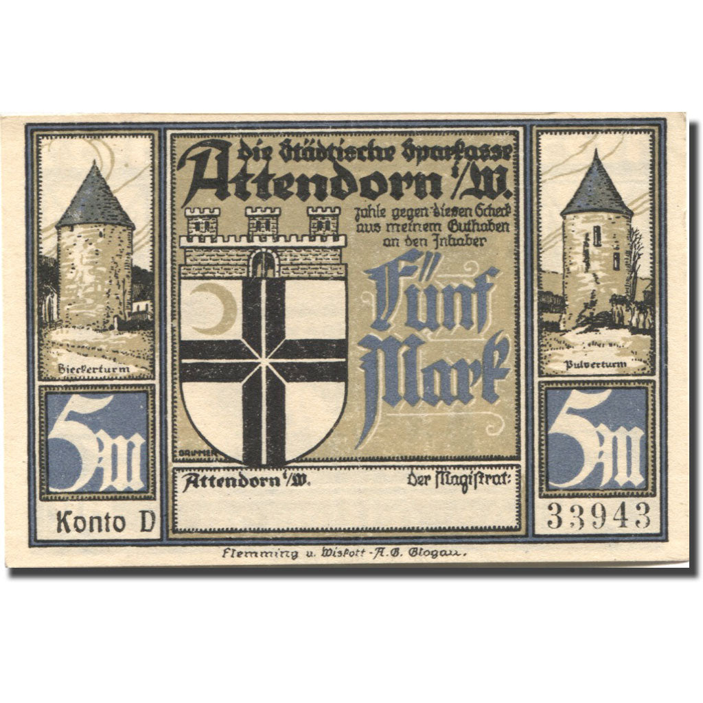 Banknote, Germany, Attendorn, 5 Mark, soldat, UNC(63), Mehl:51.1c