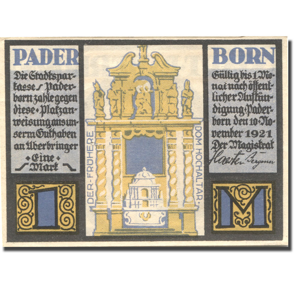 Banknote, Germany, Paderborn, 1 Mark, Eglise 1, 1921 UNC(63) Mehl:1043.1