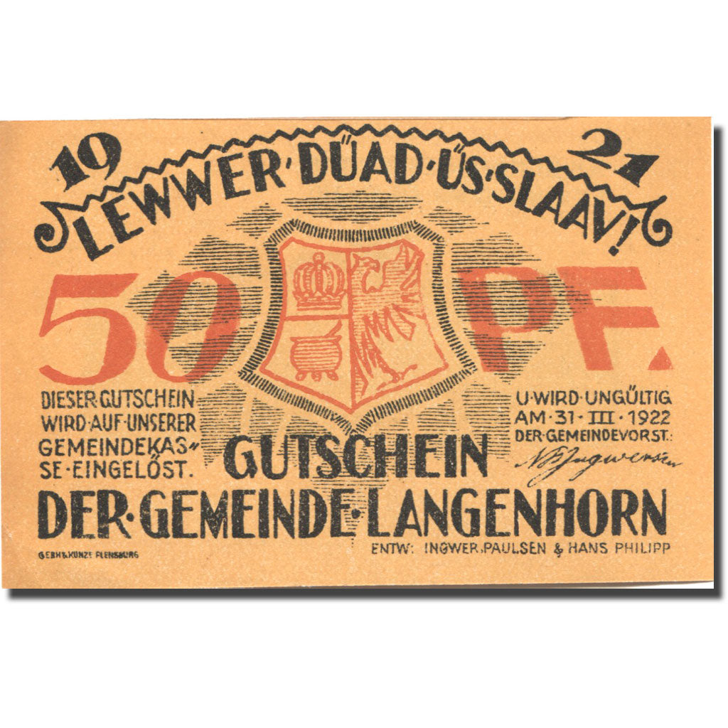 Banknote, Germany, Langenhorn, 50 Pfennig, Blason, 1922 UNC(63) Mehl:768.1