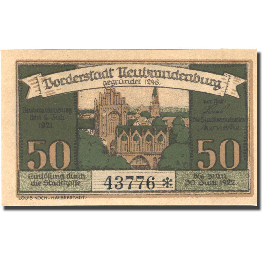 Banknote Germany Neubrandenburg, 50 Pfennig, Eglise, 1922 UNC(63) Mehl:935.2a