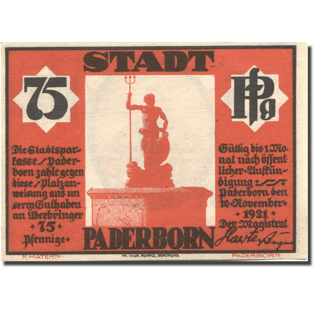 Banknote, Germany, Paderborn, 75 Pfennig, Monument, 1921 UNC(63) Mehl:1043.1
