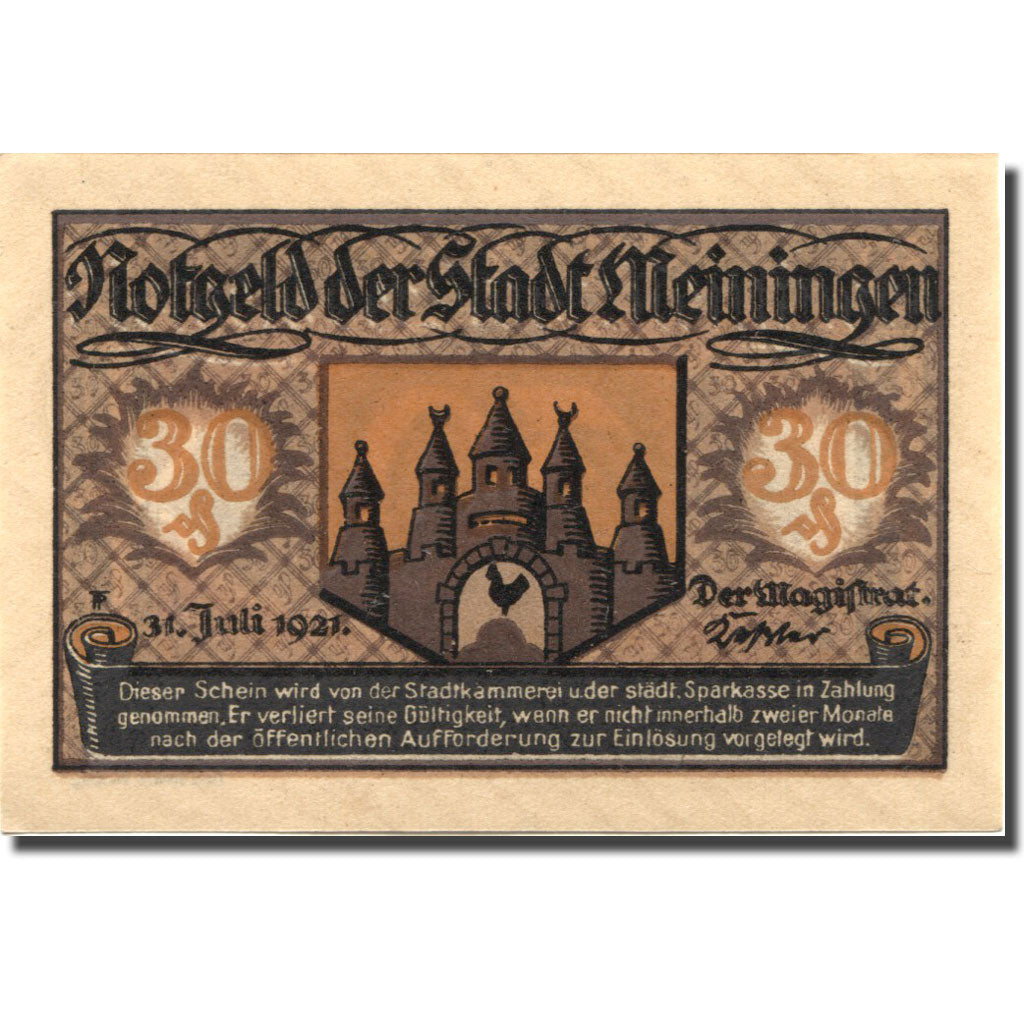 Banknote, Germany, Meiningen, 30 Pfennig, château, 1921 UNC(63) Mehl:877.4