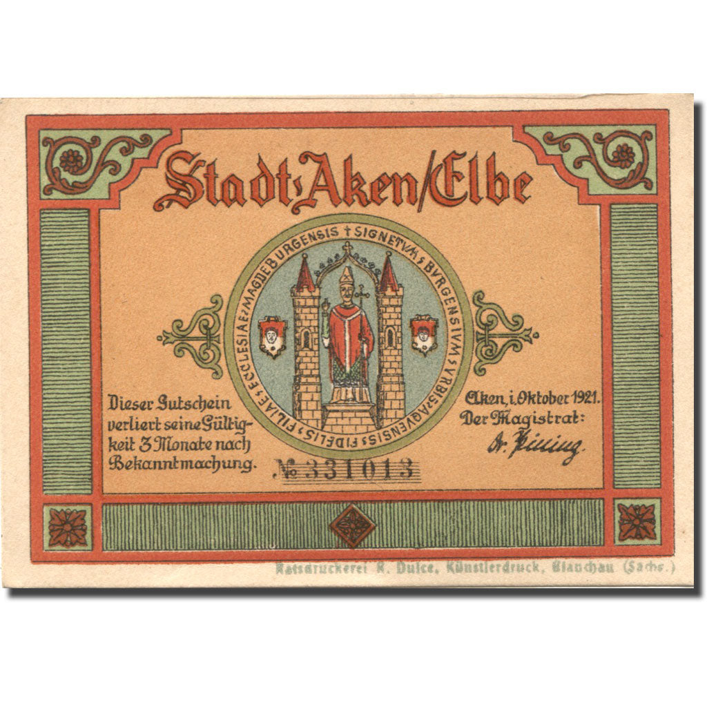 Banknote, Germany, Aken, 50 Pfennig, fleuve, 1921, UNC(63), Mehl:8.1