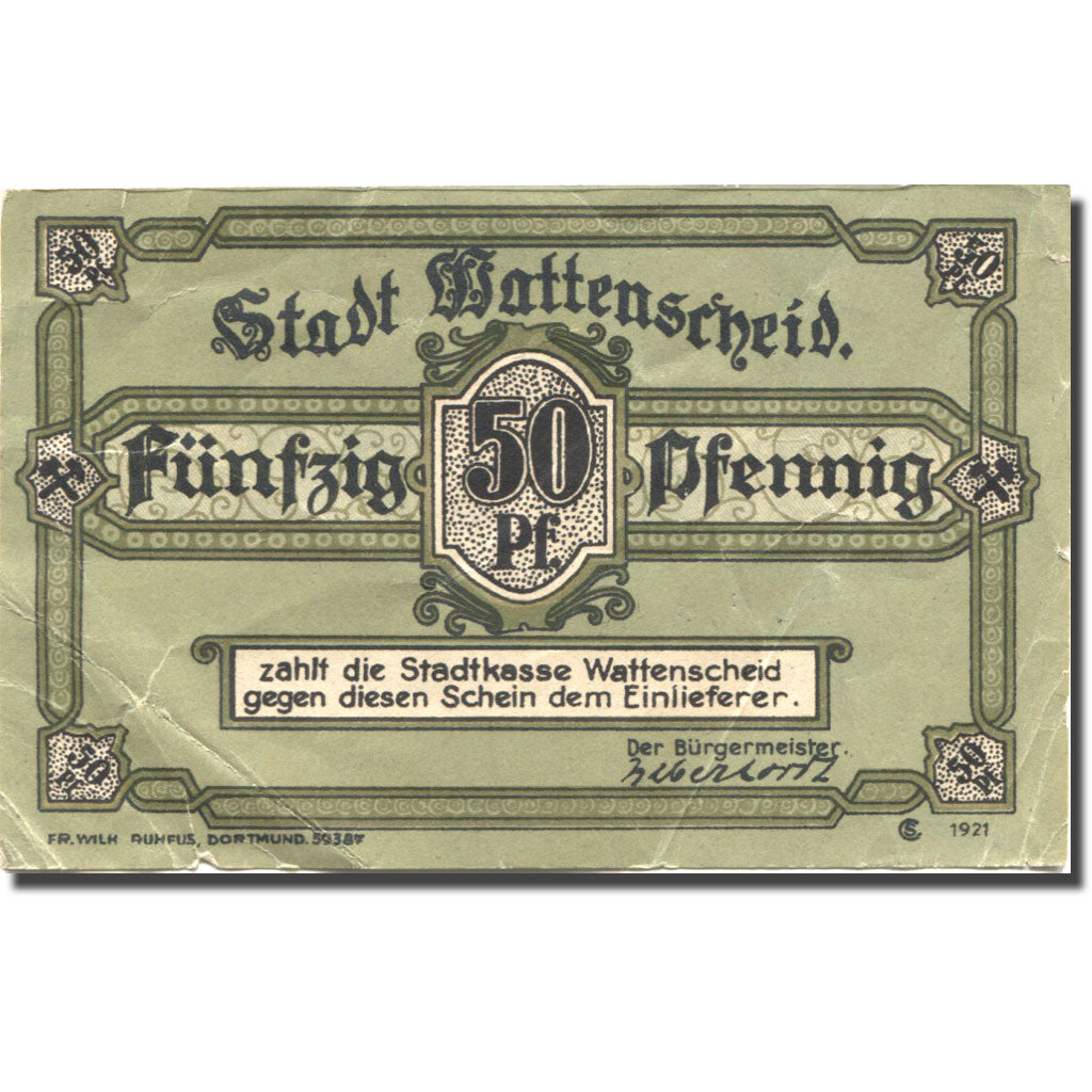 Banknote, Germany, Wattenscheid, 50 Pfennig, Mineurs, 1921 VF(20-25) Mehl:1385.1