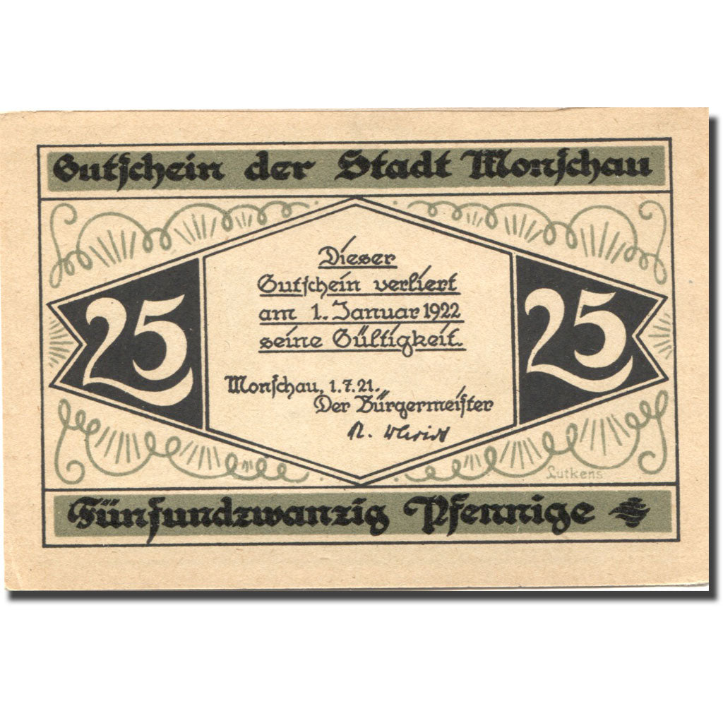 Banknote, Germany, Monschau, 25 Pfennig, Maison, 1922 UNC(63) Mehl:897.1