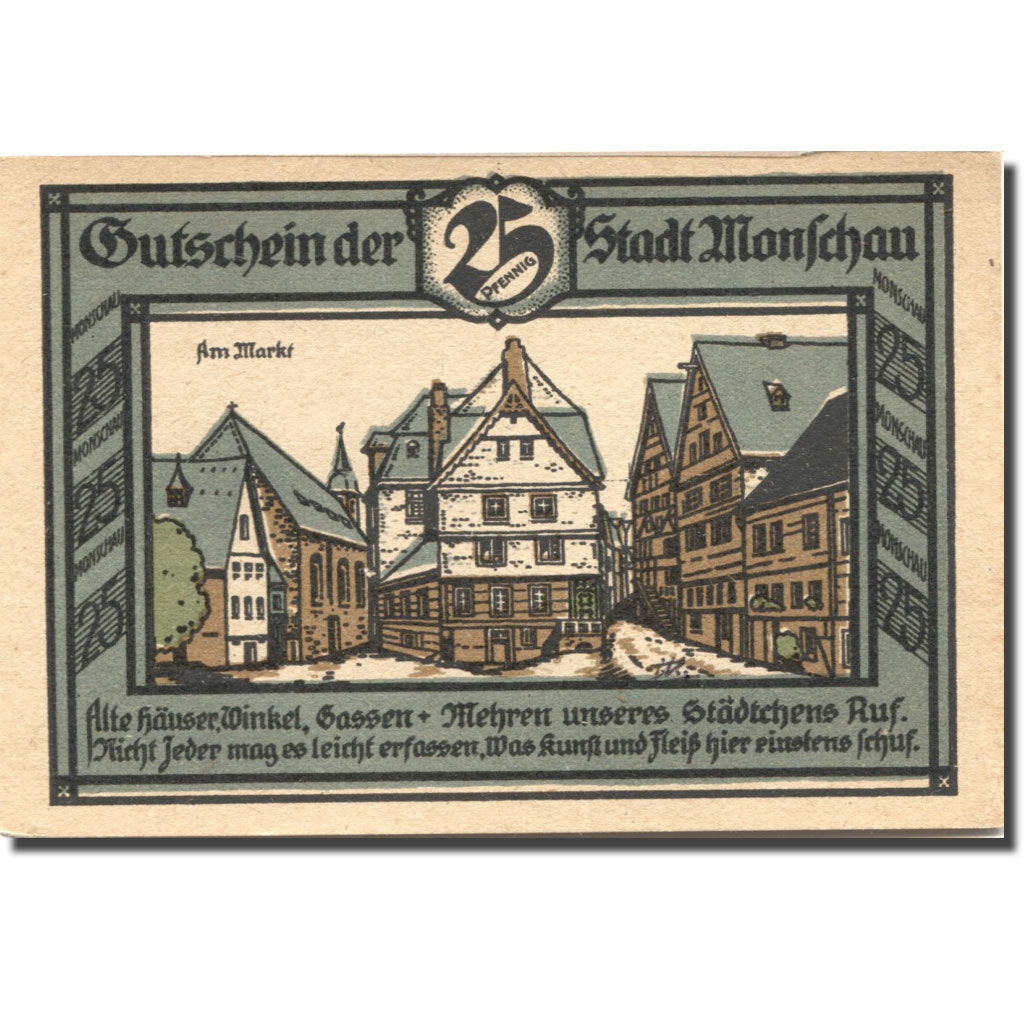 Banknote, Germany, Monschau, 25 Pfennig, Maison, 1922 UNC(63) Mehl:897.1