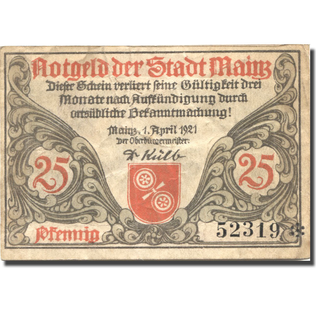 Banknote, Germany, Mainz, 25 Pfennig, casque, 1921 EF(40-45) Mehl:860.2a