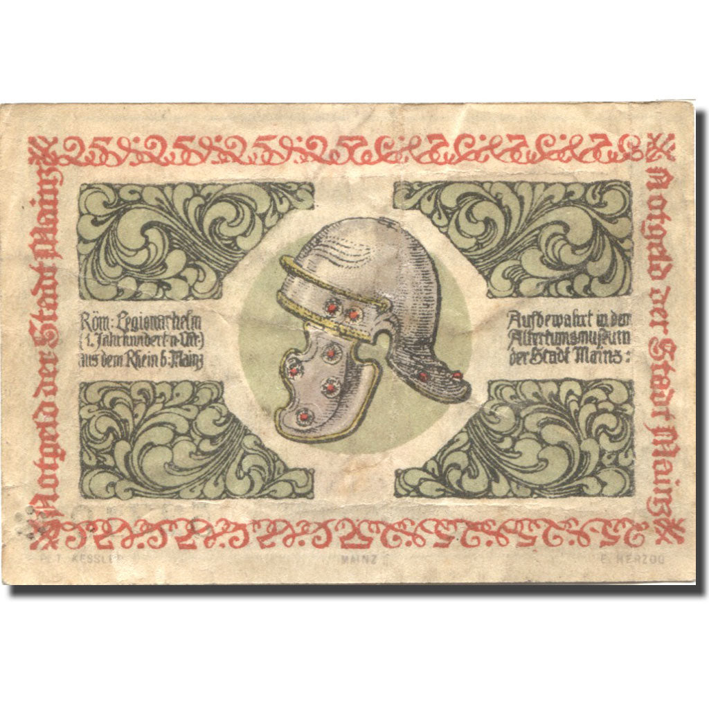Banknote, Germany, Mainz, 25 Pfennig, casque, 1921 EF(40-45) Mehl:860.2a