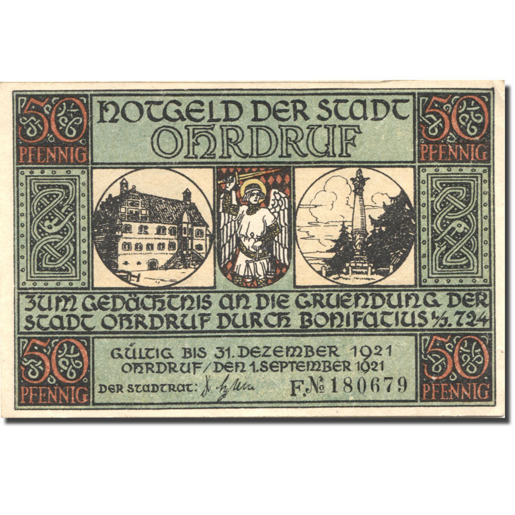 Banknote, Germany, Ohrdruf, 50 Pfennig, paysage, 1921 UNC(63) Mehl:1012.4