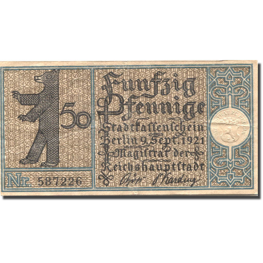 Banknote, Germany, Berlin, 50 Pfennig, rue, 1921 EF(40-45) Mehl:92.1