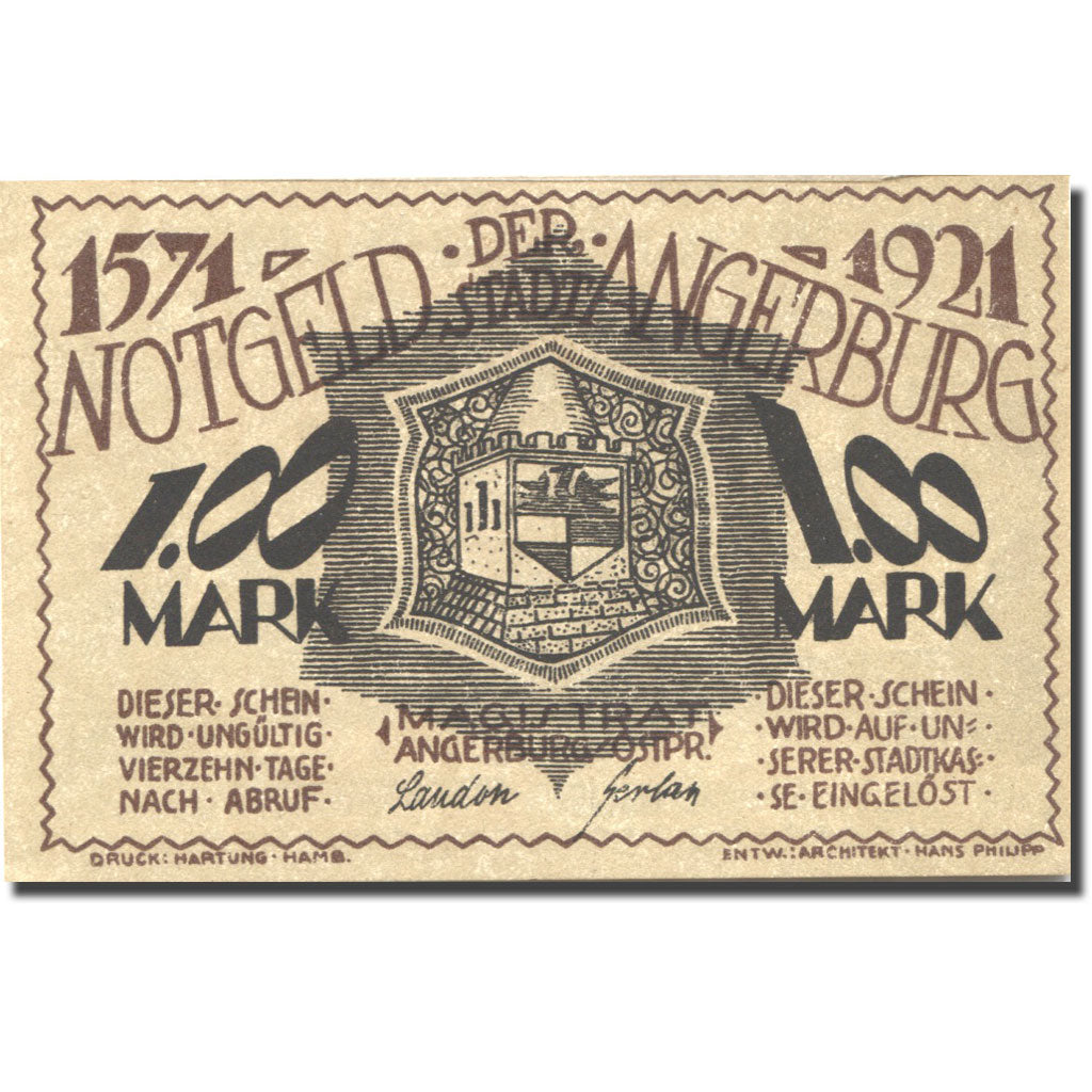 Banknote, Germany, Angerburg, 1 Mark, Blason, 1921, UNC(63), Mehl:33.1a