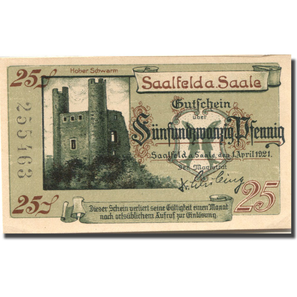 Banknote, Germany, Saalfeld, 25 Pfennig, château, 1921 UNC(63) Mehl:1155.1a