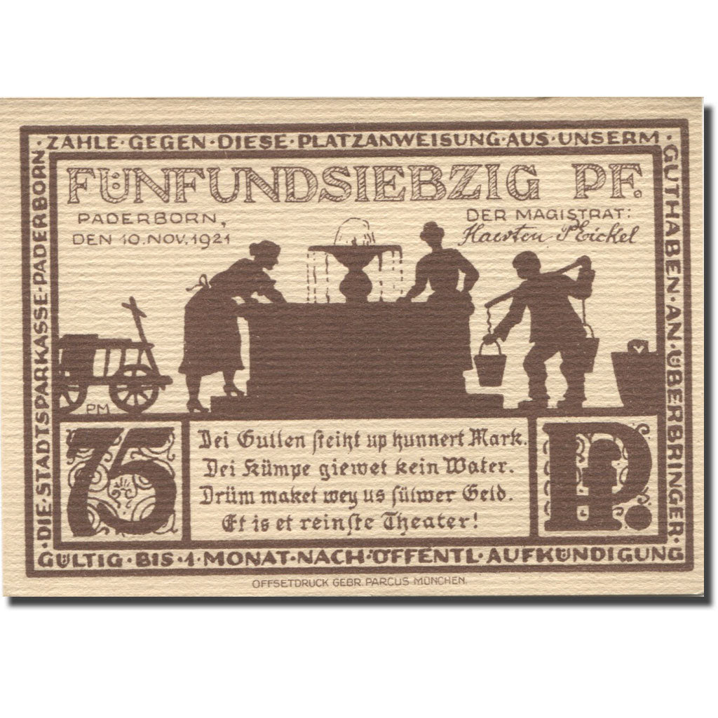Banknote, Germany, Paderborn, 75 Pfennig, personnage, 1921 UNC(63) Mehl:1043.5