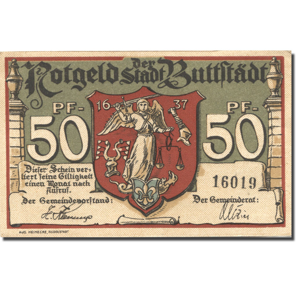 Banknote, Germany, Buttstädt, 50 Pfennig, Blason, UNC(63), Mehl:211.1a
