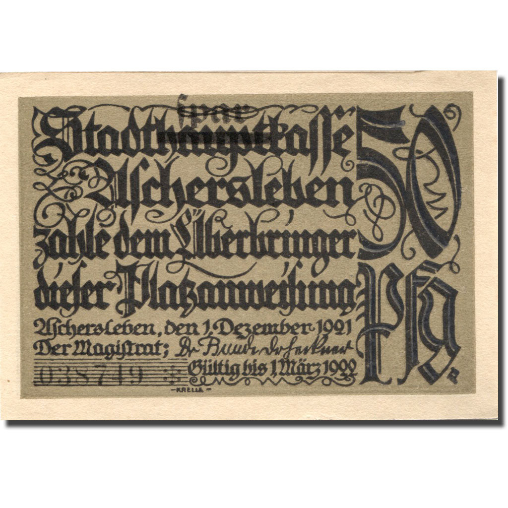 Banknote, Germany, Aschersleben, 50 Pfennig, chasseur, 1921 UNC(63) Mehl:50.6